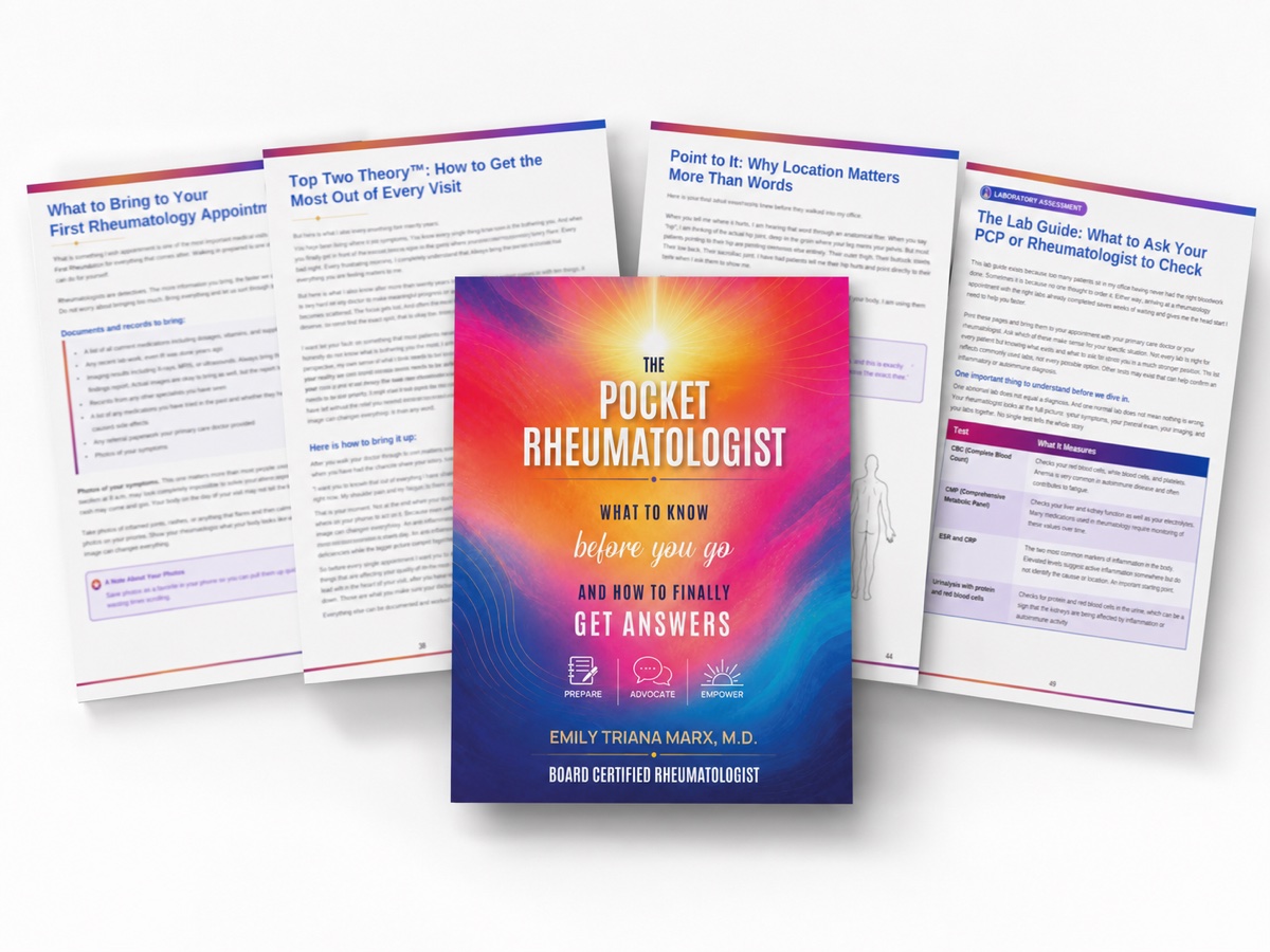 The Pocket Rheumatologist guide and printable toolkit pages fanned out